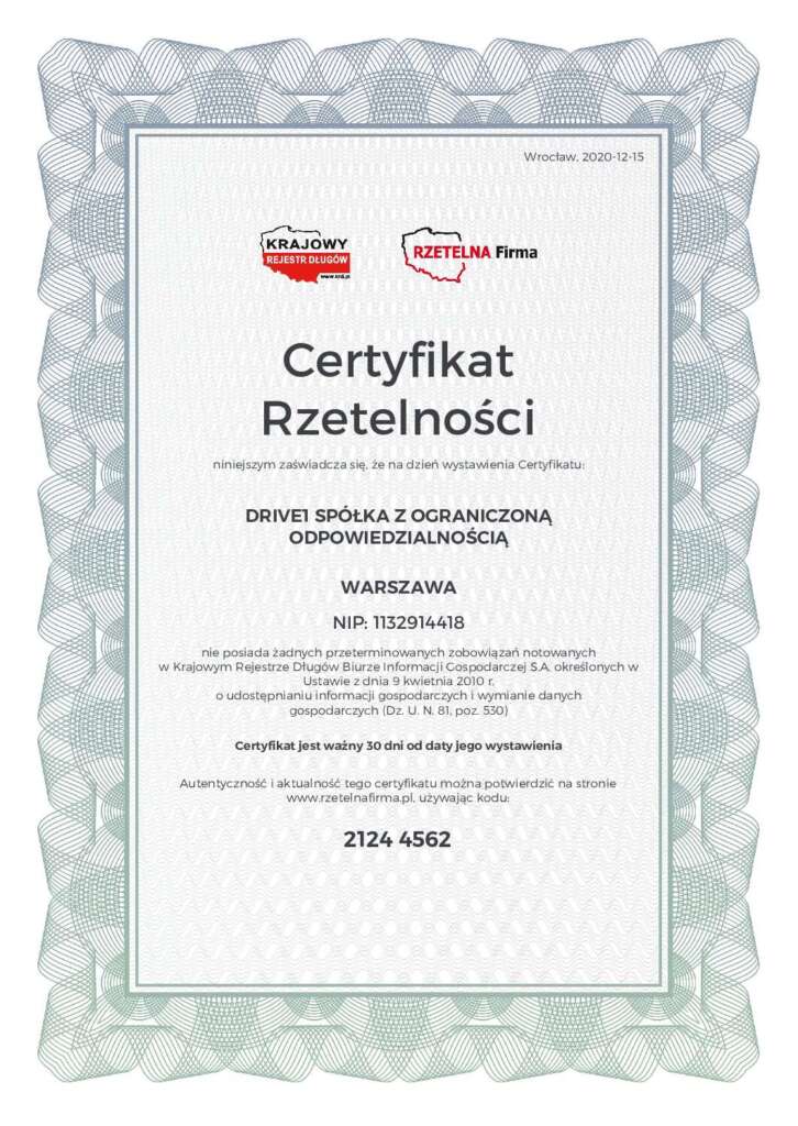 Certyfikat Rzetelności wystawiony dla Drive1 Spółka z ograniczoną odpowiedzialnością 15 grudnia 2020 roku